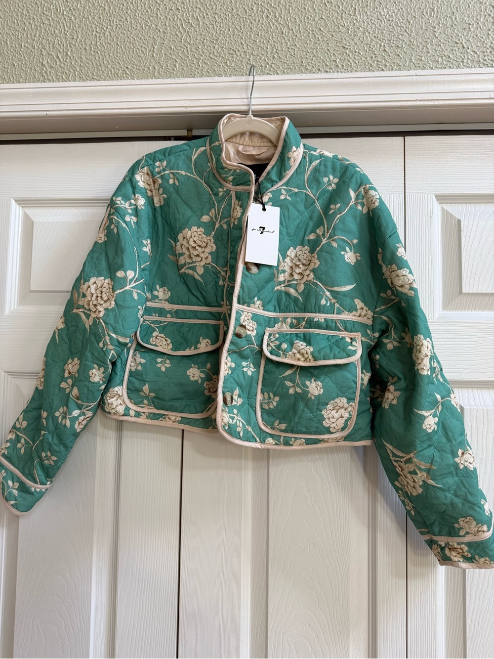 7 For All Mankind Teal Quilted Floral Jacket with Cream Trim